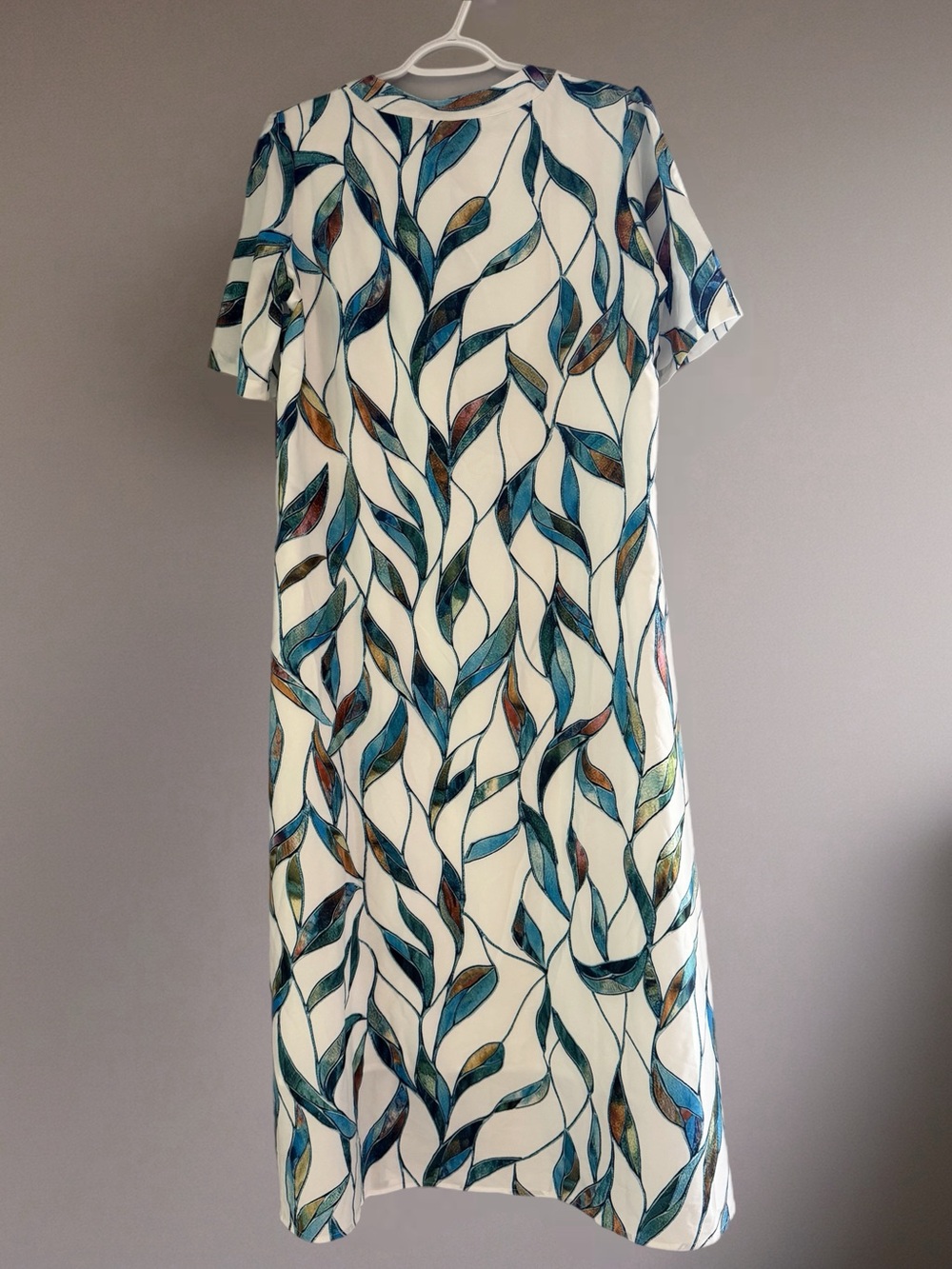 Stained Glass Leaf Print Maxi Dress L Pockets Coastal Boho Vacation - Picture 3 of 5